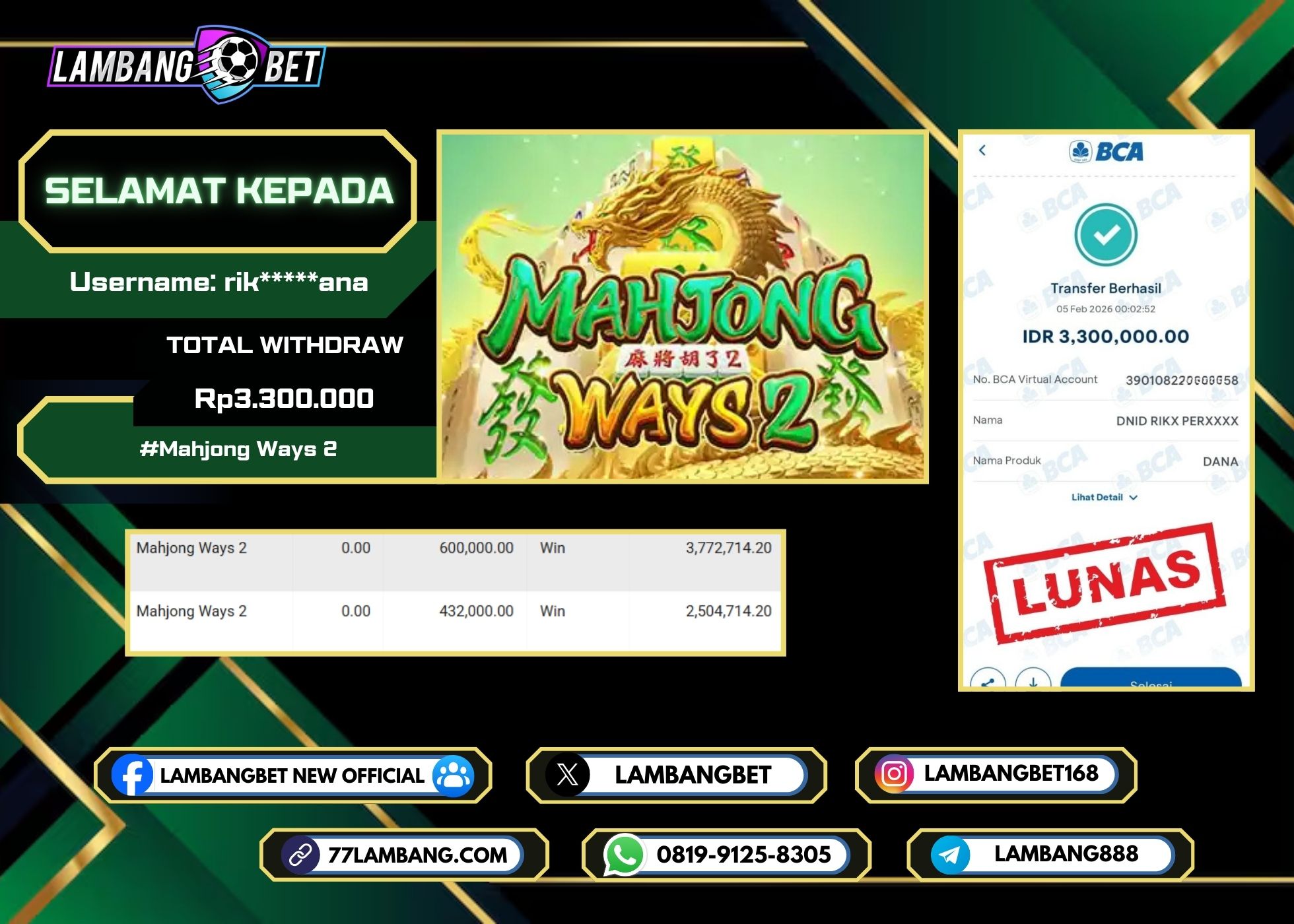LAMBANGBET [5 FEBRUARI 2026] JACKPOT SLOT Mahjong Ways 2 "Rp3.300.000" LUNAS